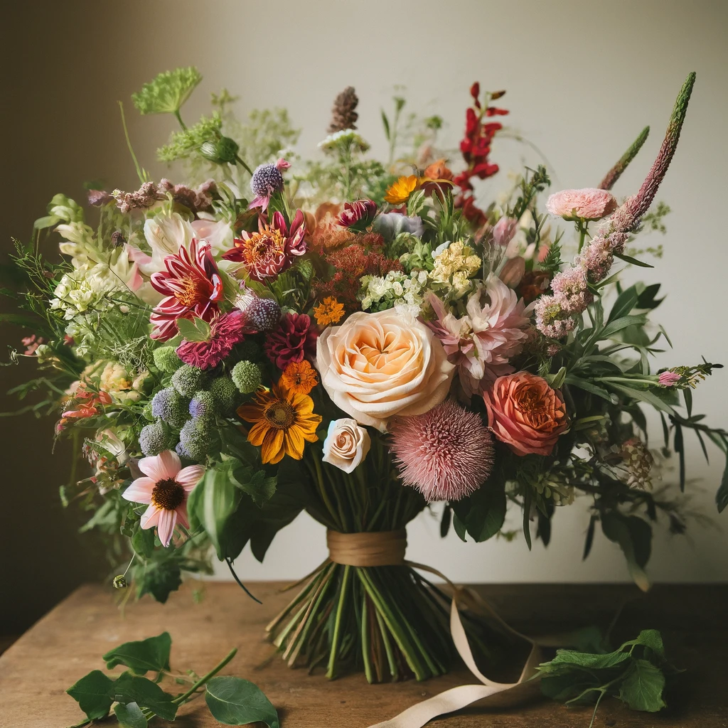 A vibrant wedding bouquet with deep burgundy, bright orange, and vivid purple flowers, making a bold statement