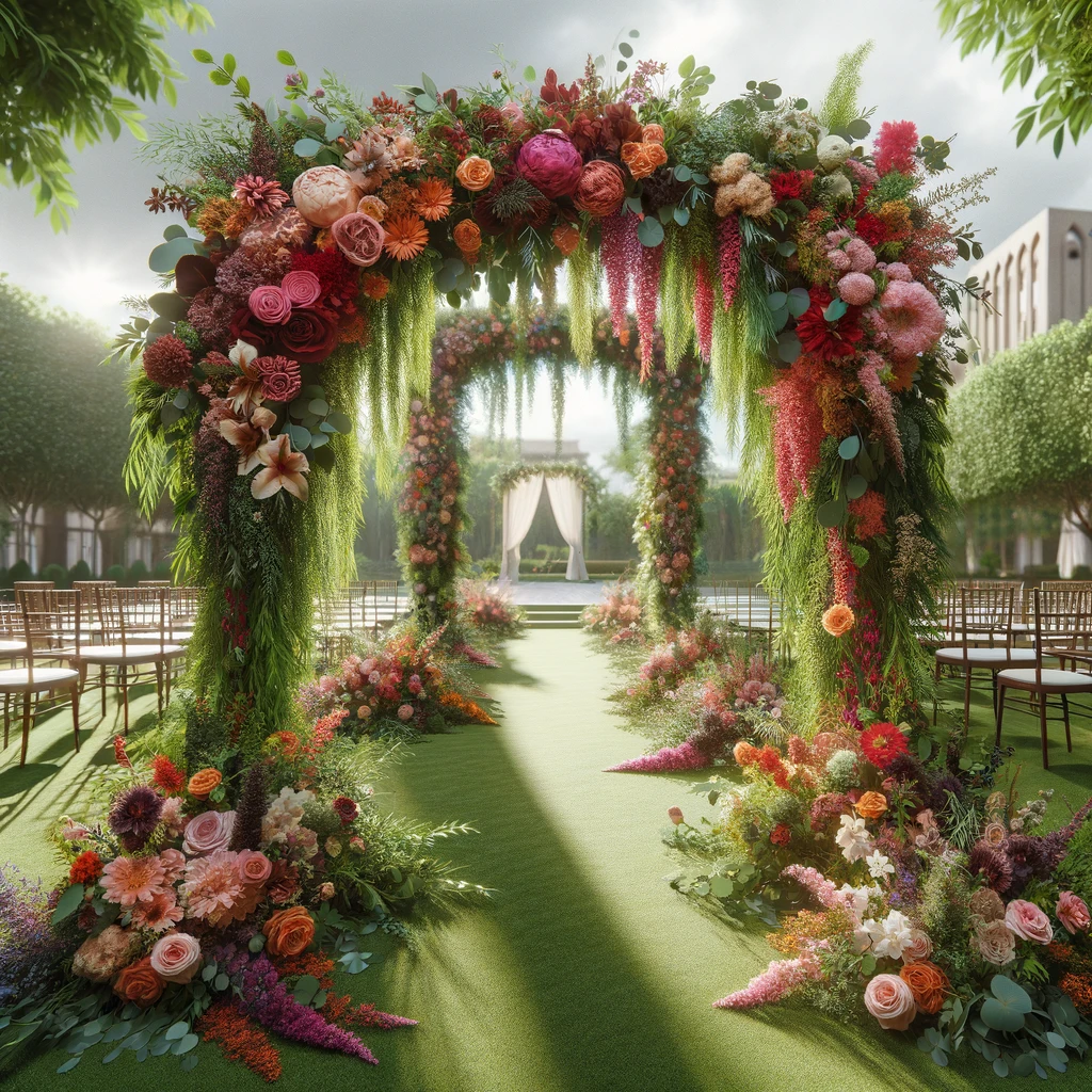 A stunning floral arch covered in greenery and colorful blooms, serving as a dramatic backdrop for a wedding ceremony.