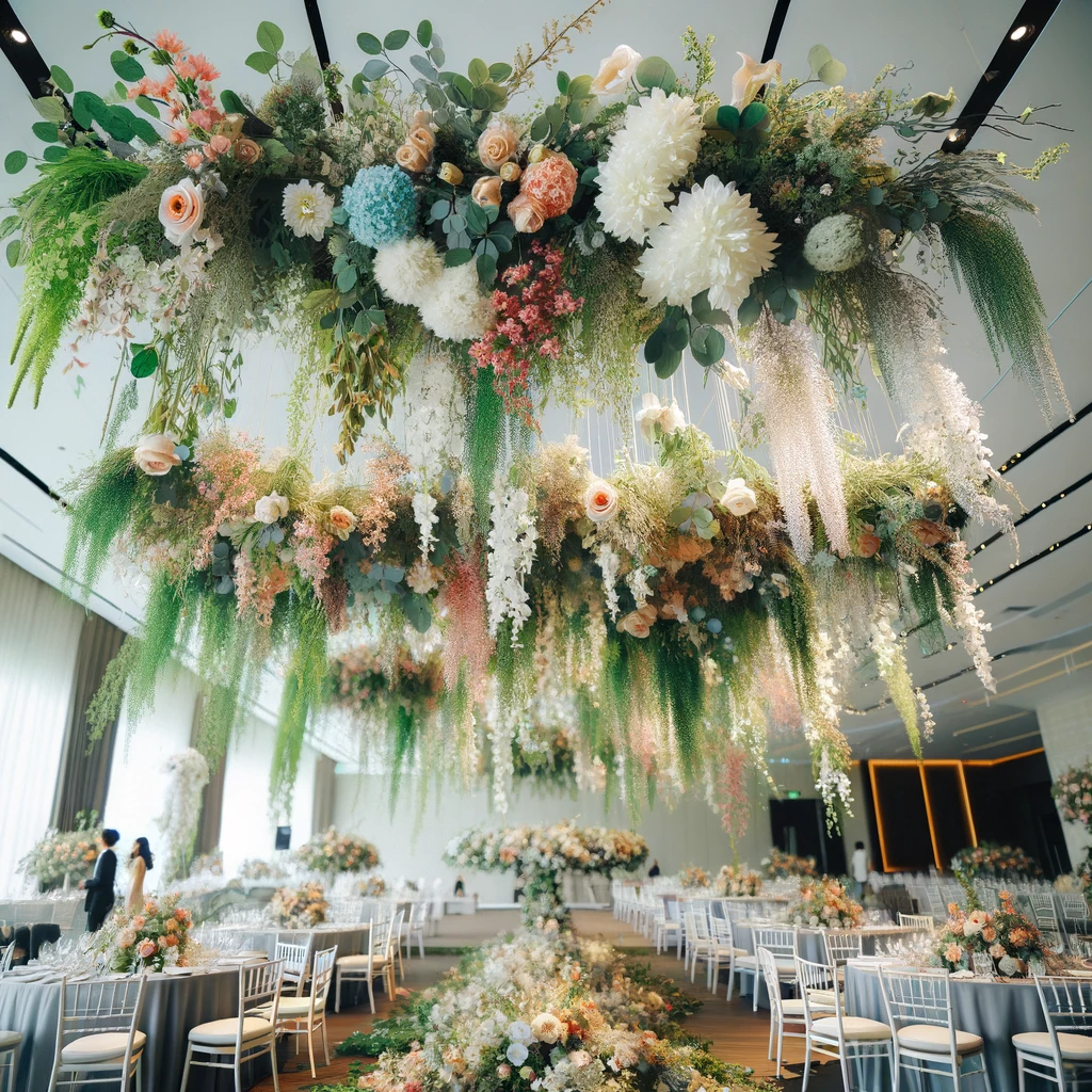 A whimsical hanging floral installation with colorful flowers and greenery, creating a magical canopy for the wedding reception