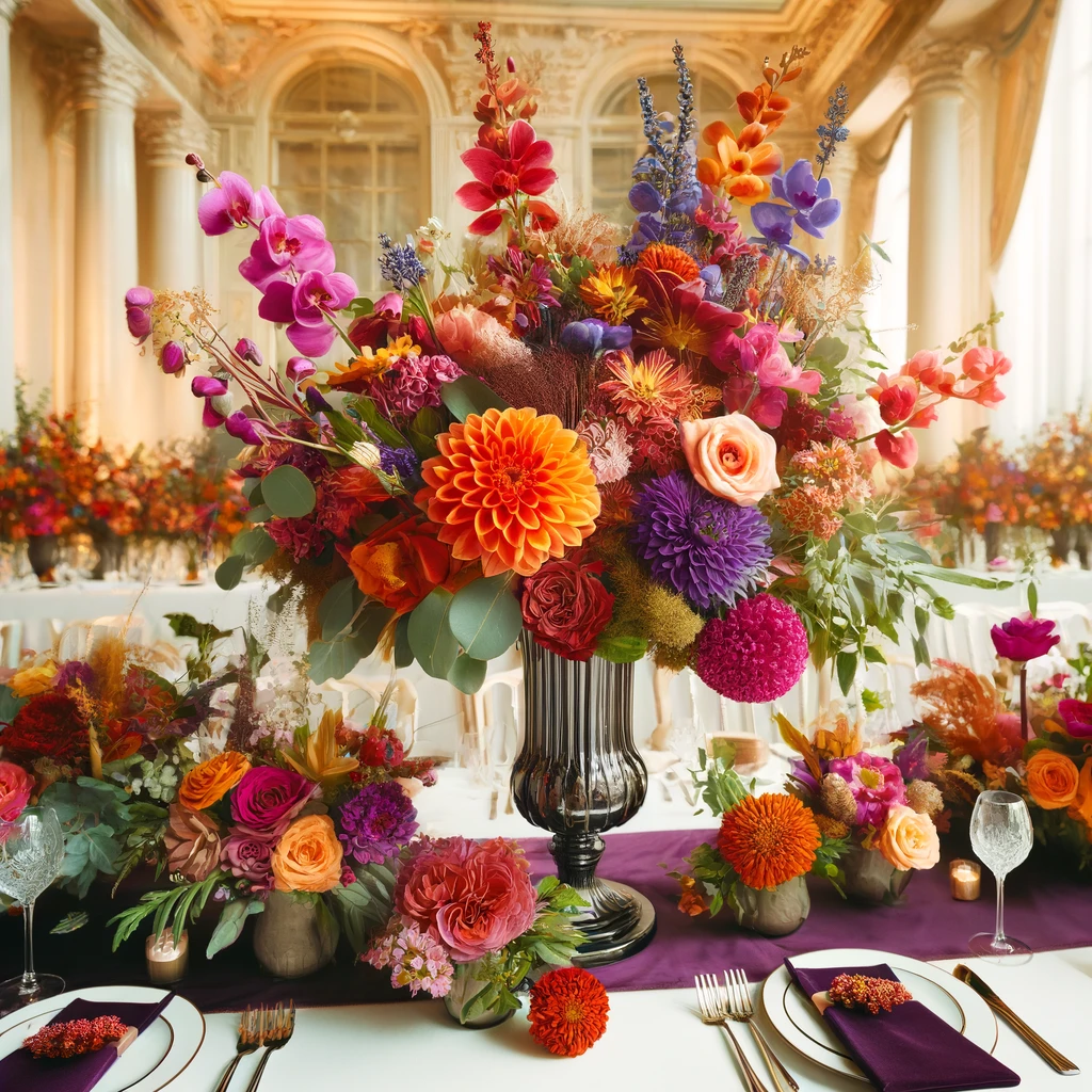 Eye-catching wedding centerpieces featuring a mix of bold colors like bright orange and deep purple, arranged elegantly on the reception tables