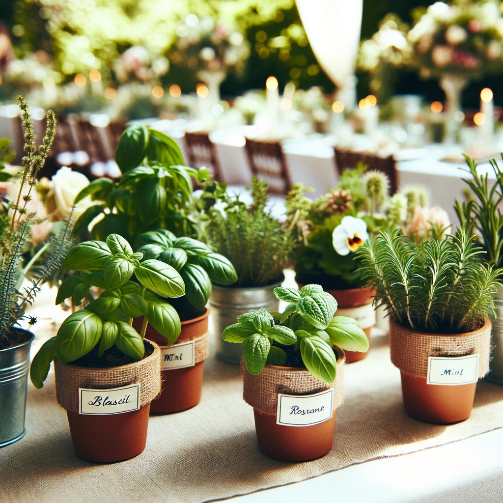 Potted plants and herbs used as eco-friendly wedding favors, adding a unique and sustainable touch to the decor