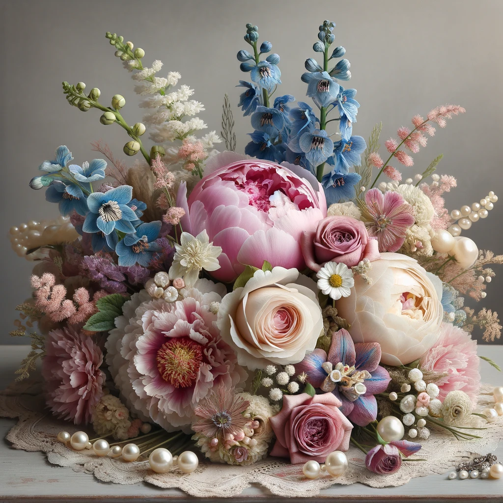 A floral arrangement combining peonies, garden roses, and delphiniums, accented with vintage pearl pins and lace