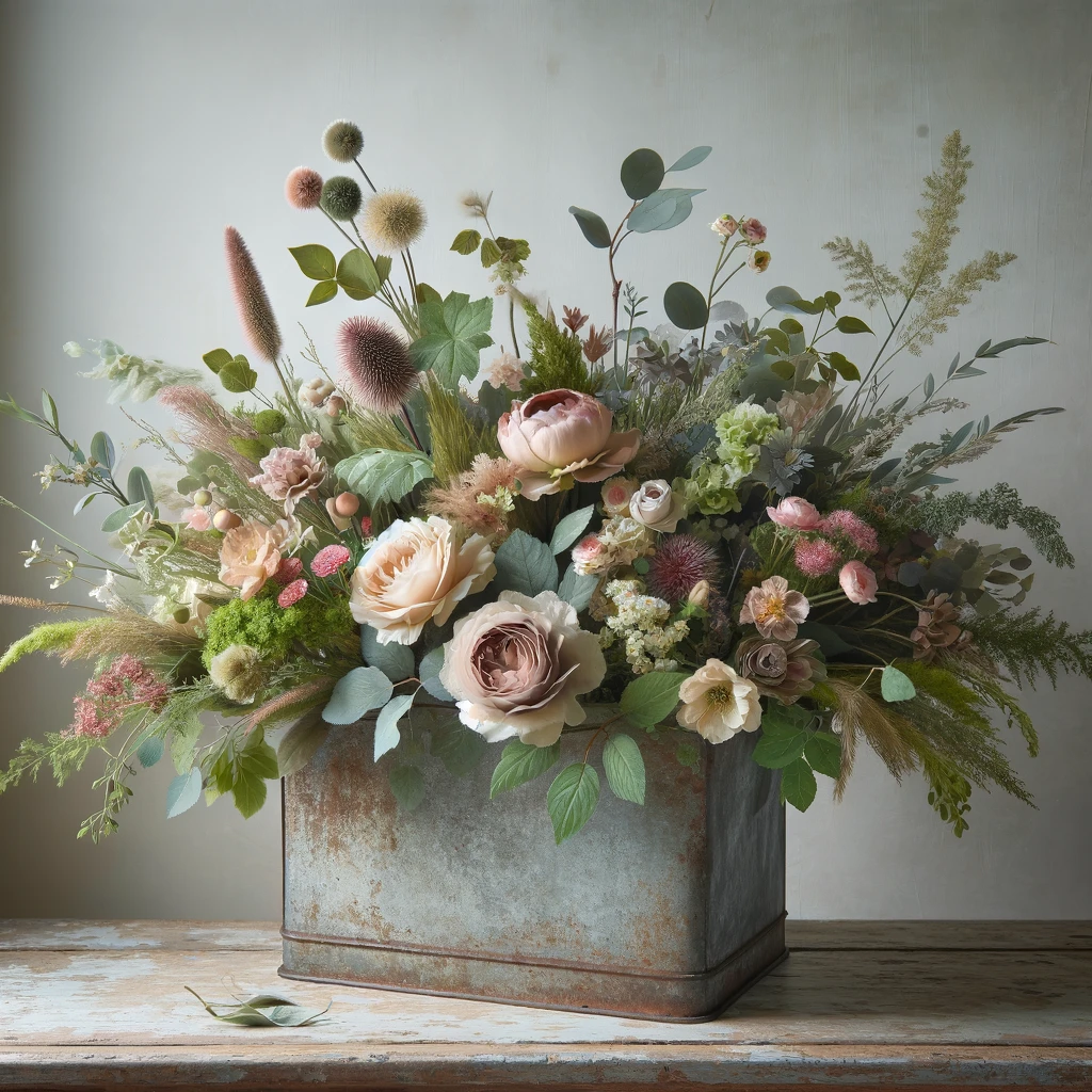 A rustic floral arrangement in a weathered metal container, featuring a mix of vintage-inspired blooms and greenery