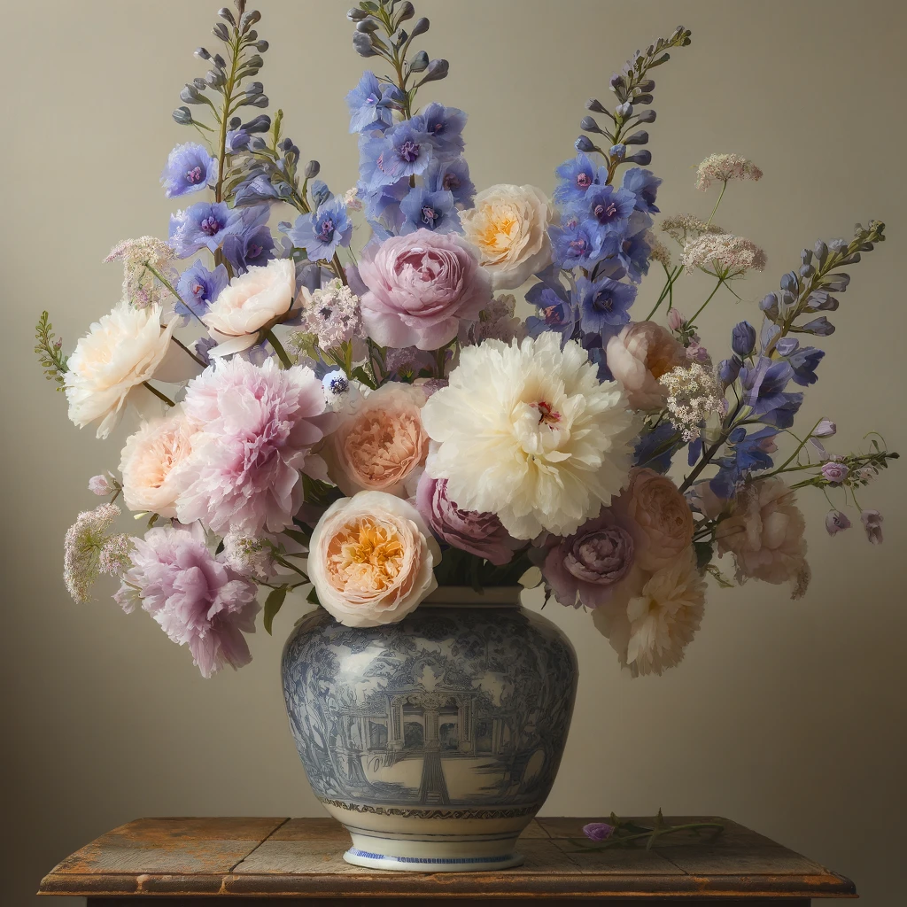 An antique porcelain vase filled with a mix of soft peonies and structured delphiniums, creating a dynamic floral display