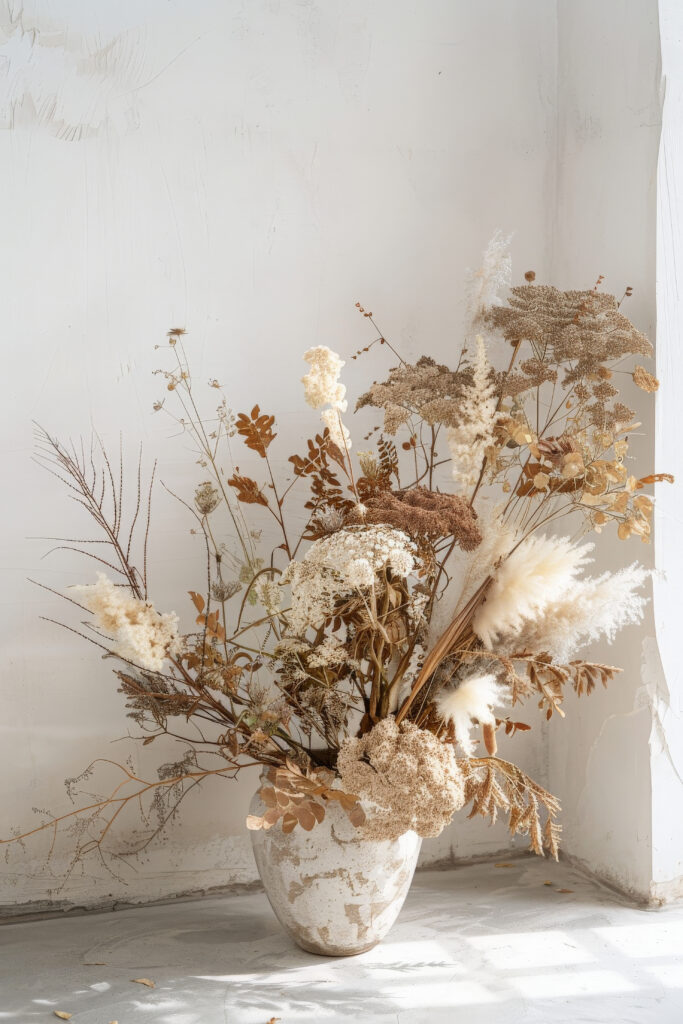 A handcrafted wreath made of dried flowers, perfect for seasonal decoration or to add a touch of nature to any room