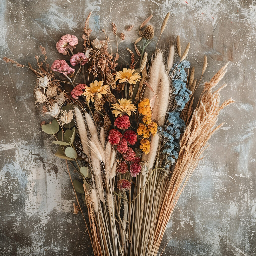 A stunning table centerpiece featuring dried flowers mixed with candles, creating a cozy and elegant setting