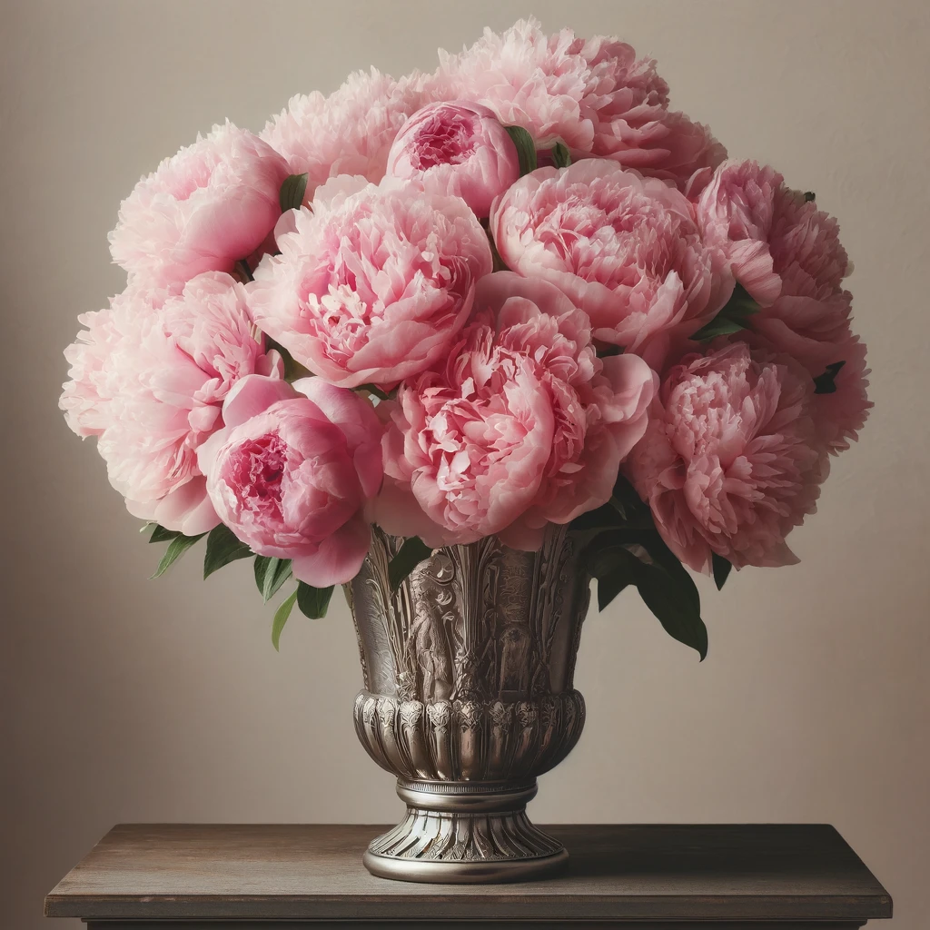 A bouquet of lush pink peonies arranged in an antique silver vase, exuding vintage charm and elegance